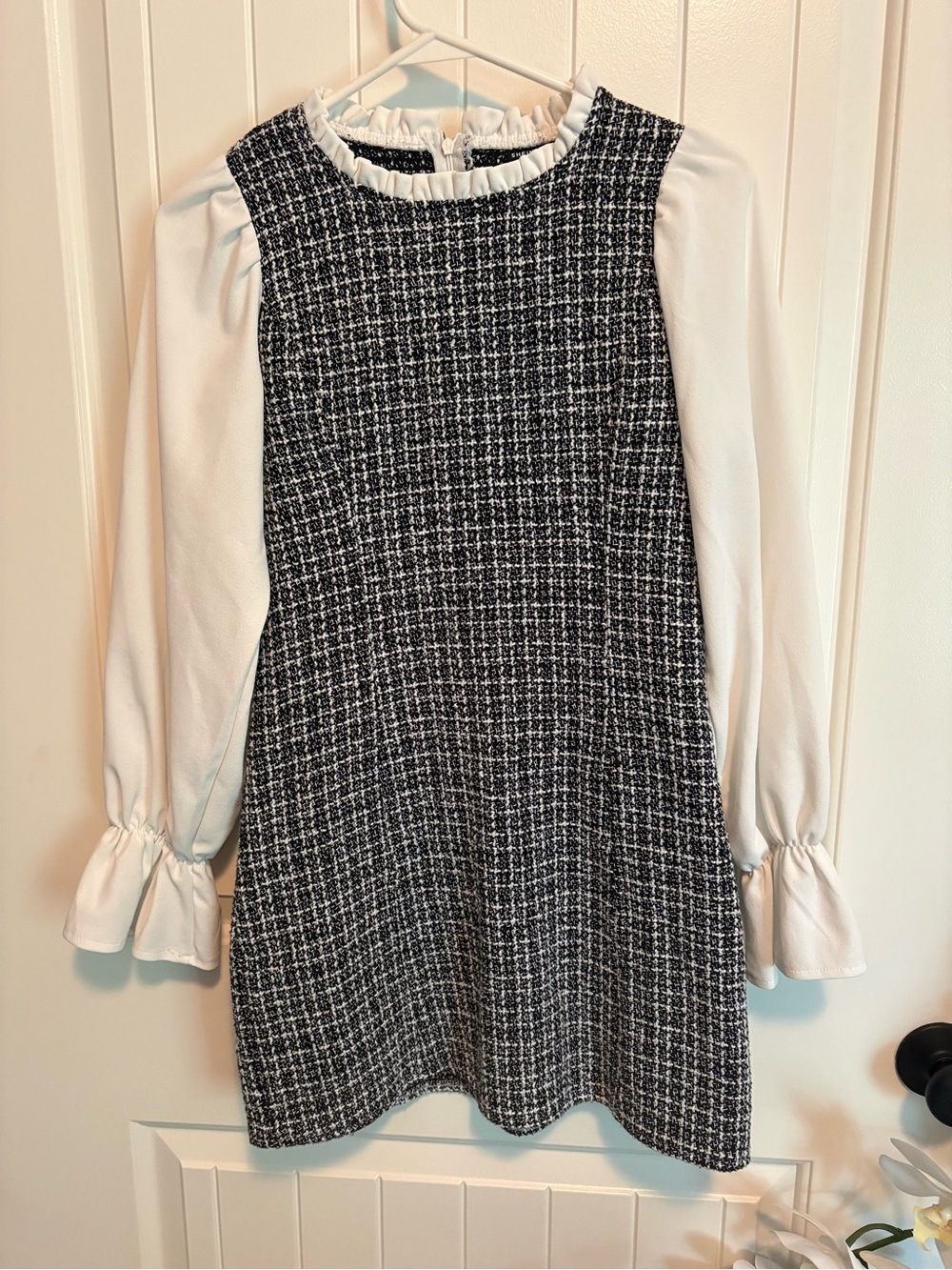 SHEIN Black & White Tweed Mini Dress with Cream Blouse Sleeves